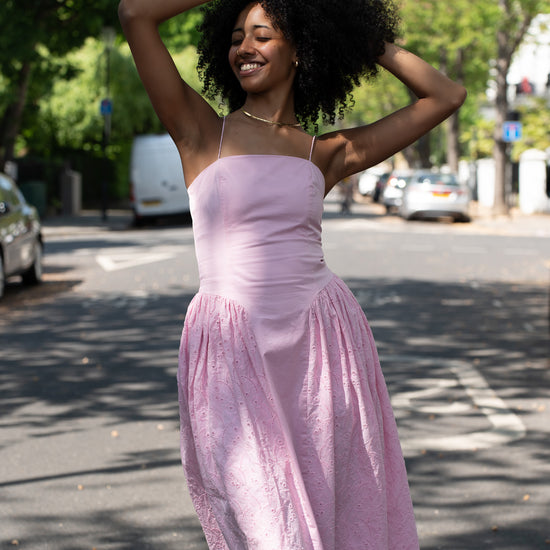 Romantic Embroidered Cotton Midi Dress Rosa