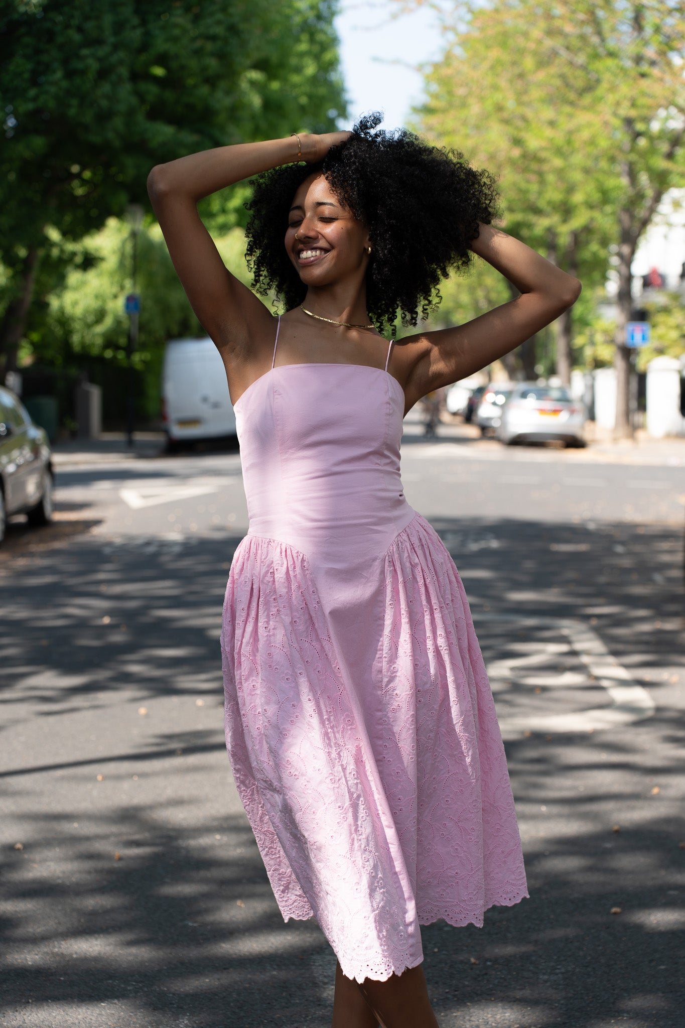 Romantic Embroidered Cotton Midi Dress Rosa