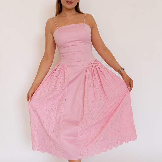 Romantic Embroidered Cotton Midi Dress Rosa