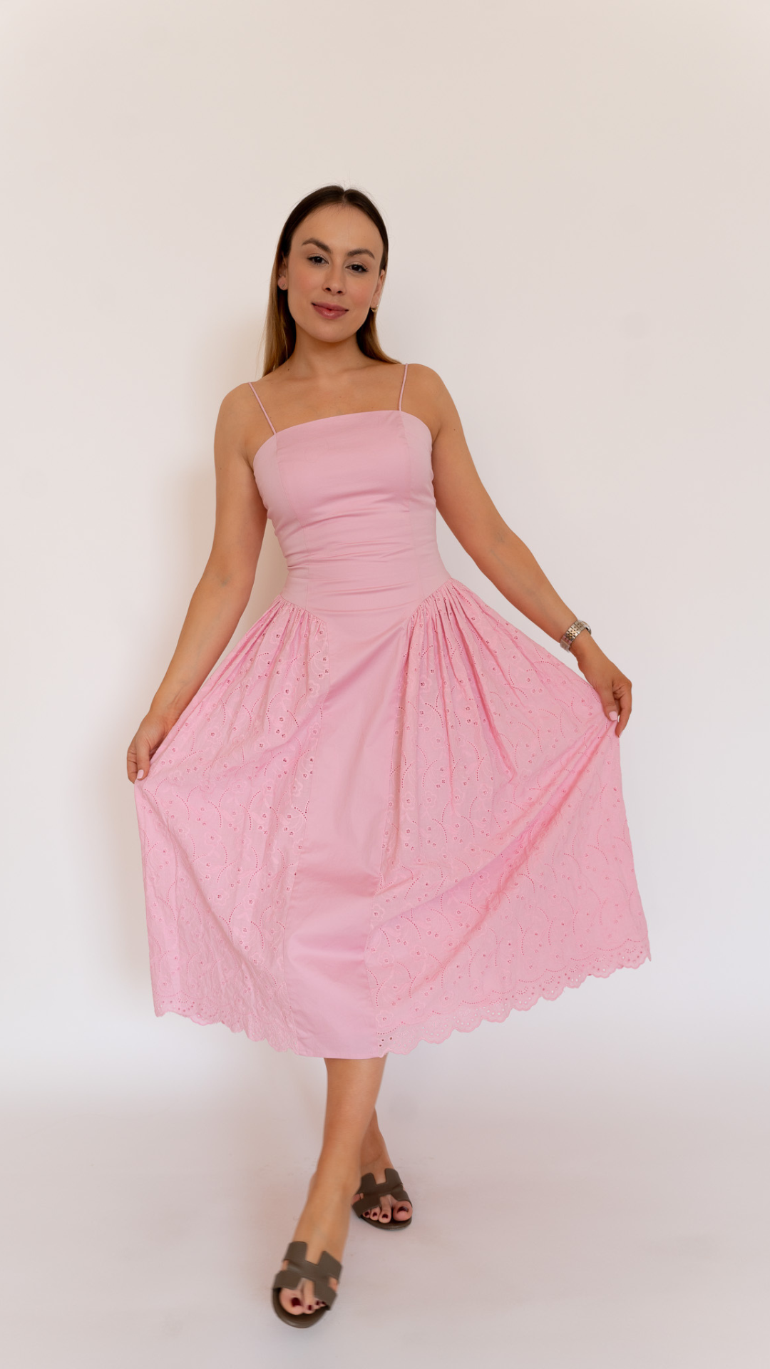 Romantic Embroidered Cotton Midi Dress Rosa