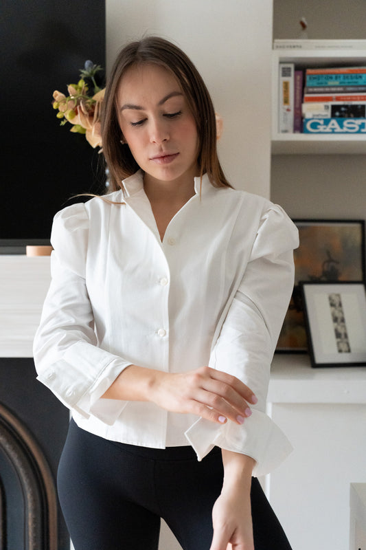 White Puff Shoulder Button-Down Shirt -  Camile
