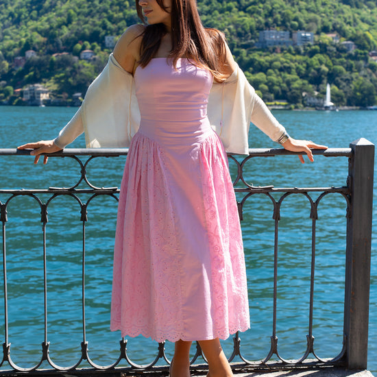Romantic Embroidered Cotton Midi Dress Rosa