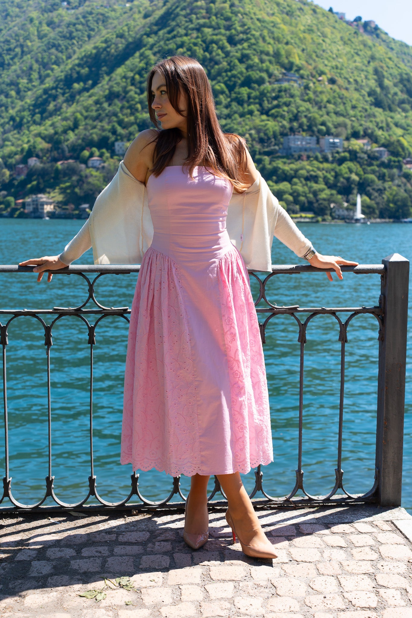 Romantic Embroidered Cotton Midi Dress Rosa