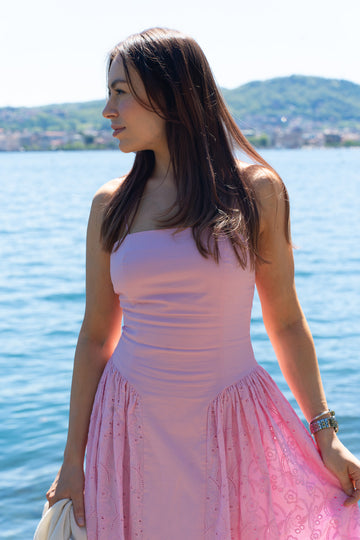 Romantic Embroidered Cotton Midi Dress Rosa